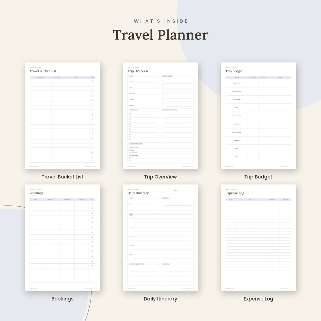 Inside the Travel Planner printable: Travel Bucket List, Trip Overview, Trip Budget pages