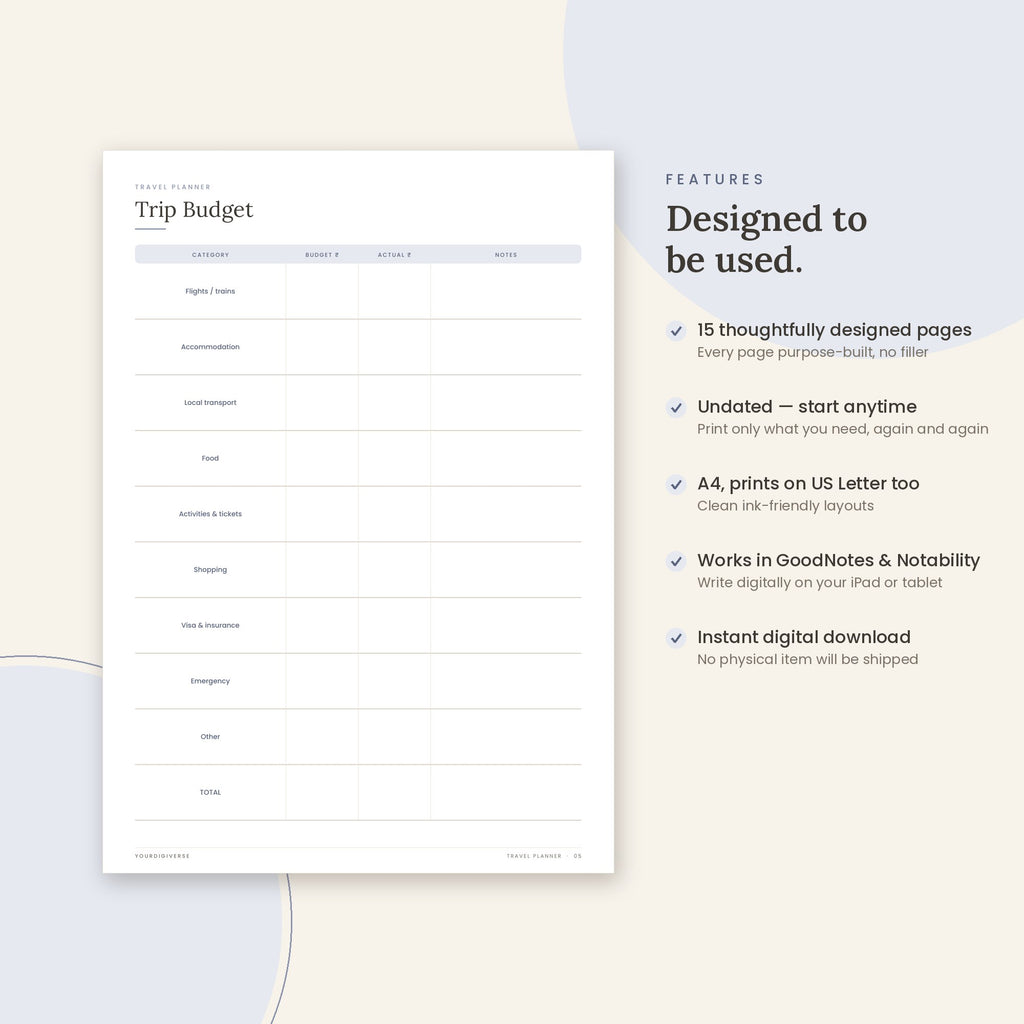 Travel Planner sample page (Trip Budget) – undated A4 printable, GoodNotes-ready
