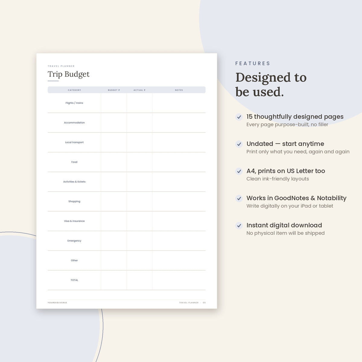 Travel Planner sample page (Trip Budget) – undated A4 printable, GoodNotes-ready