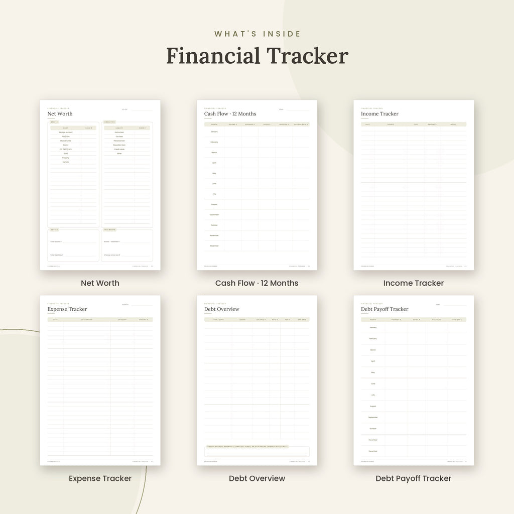 Inside the Financial Tracker printable: Net Worth, Cash Flow · 12 Months, Income Tracker pages