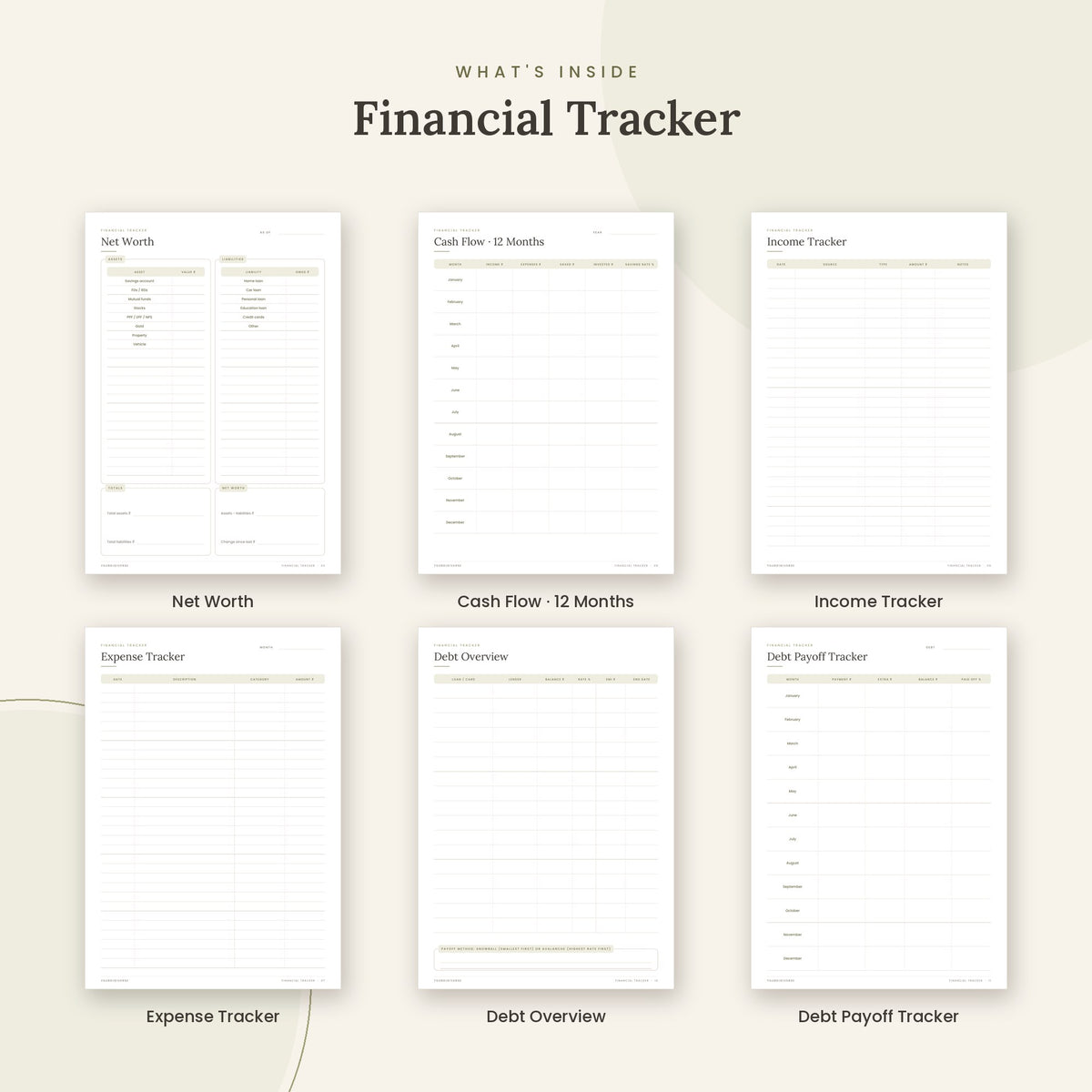 Inside the Financial Tracker printable: Net Worth, Cash Flow · 12 Months, Income Tracker pages