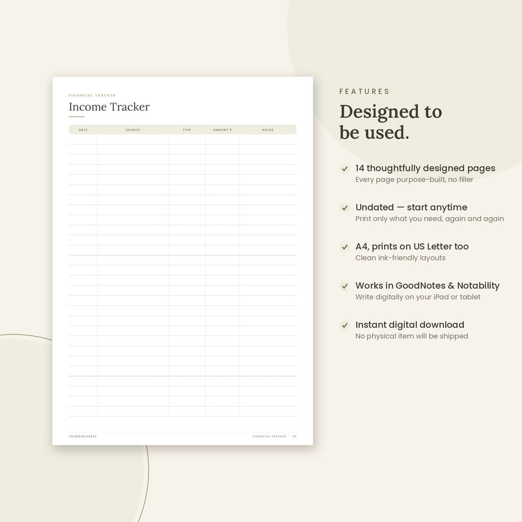 Financial Tracker sample page (Income Tracker) – undated A4 printable, GoodNotes-ready