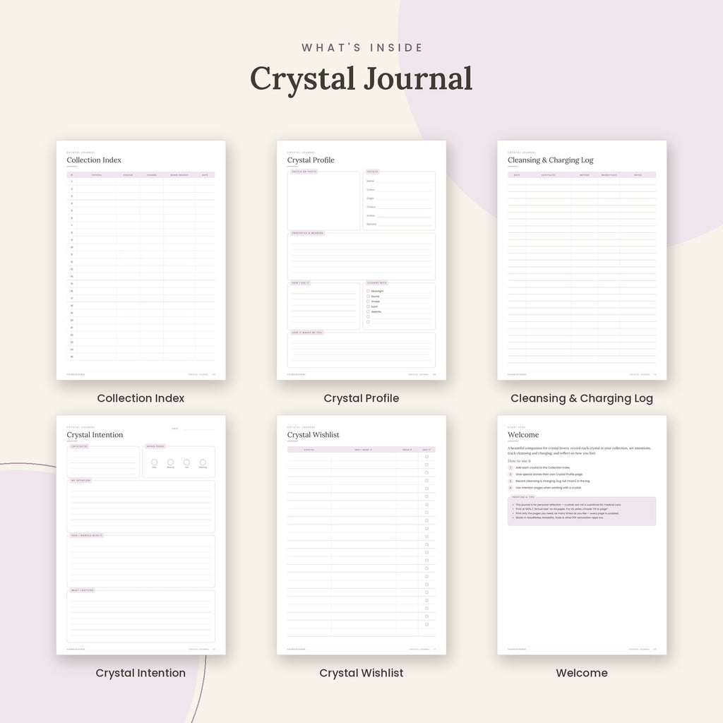 Inside the Crystal Journal printable: Collection Index, Crystal Profile, Cleansing & Charging Log pages