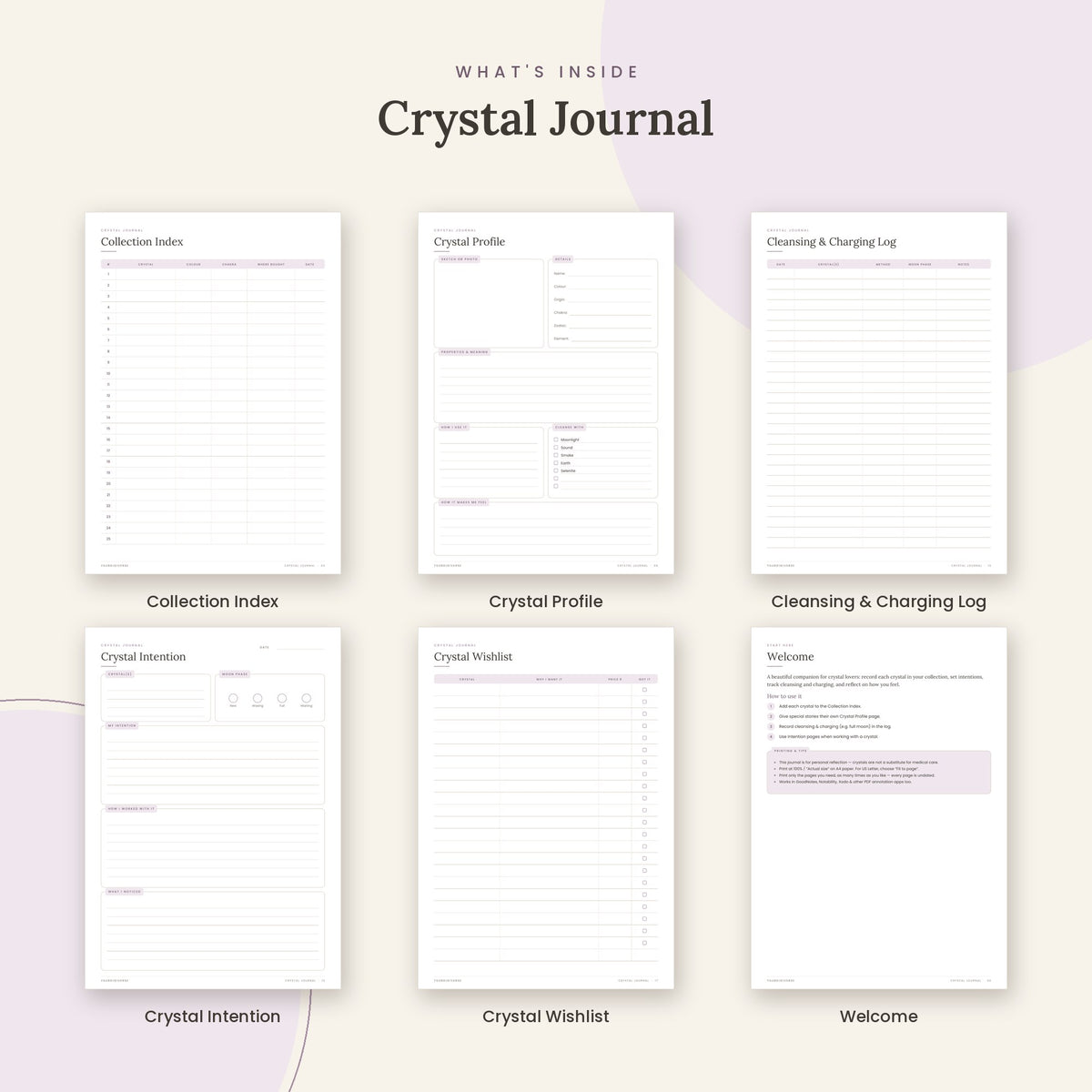 Inside the Crystal Journal printable: Collection Index, Crystal Profile, Cleansing & Charging Log pages