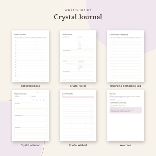Inside the Crystal Journal printable: Collection Index, Crystal Profile, Cleansing & Charging Log pages