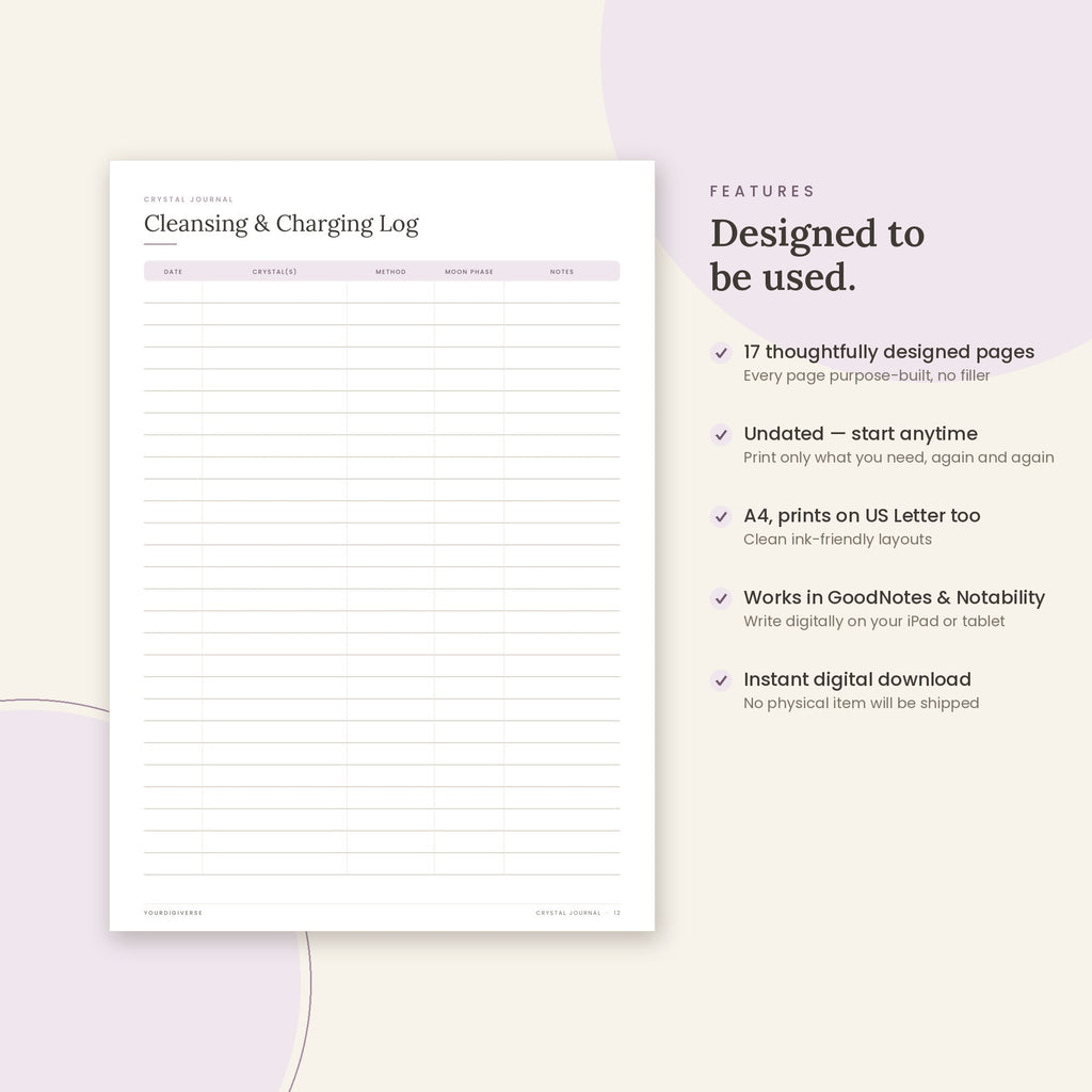 Crystal Journal sample page (Cleansing & Charging Log) – undated A4 printable, GoodNotes-ready