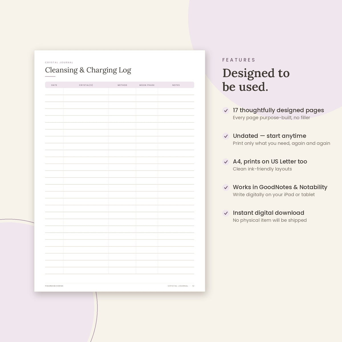 Crystal Journal sample page (Cleansing & Charging Log) – undated A4 printable, GoodNotes-ready