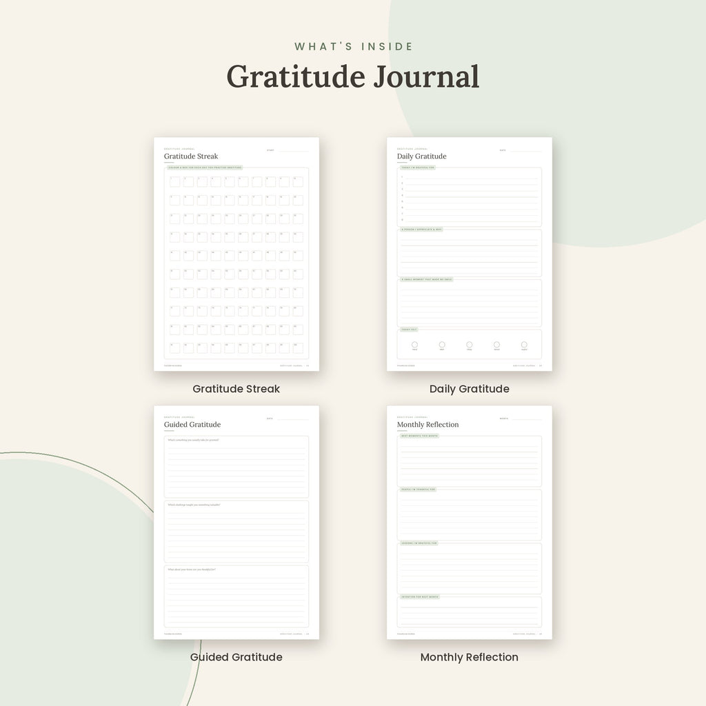Inside the Gratitude Journal printable: Gratitude Streak, Daily Gratitude, Guided Gratitude pages