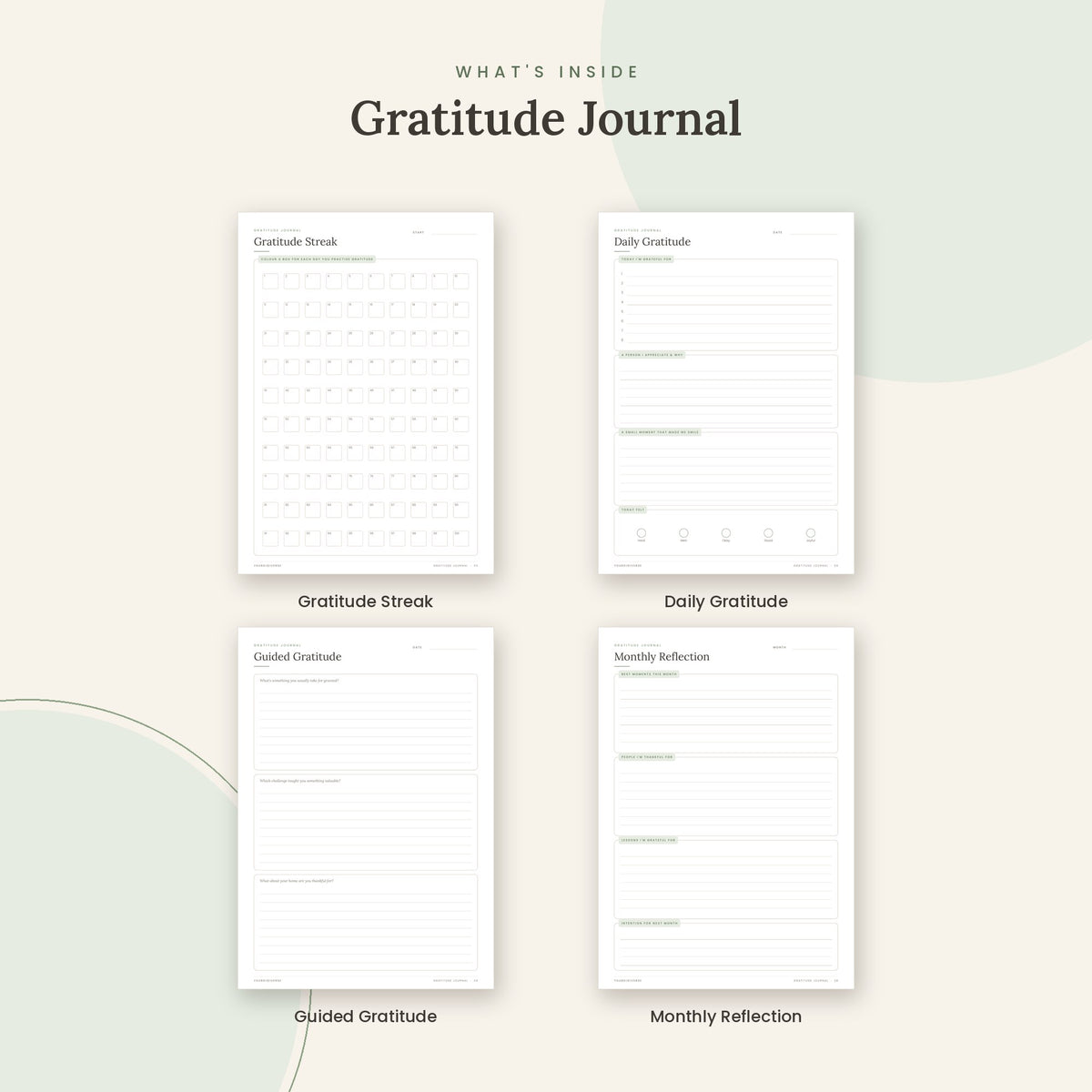 Inside the Gratitude Journal printable: Gratitude Streak, Daily Gratitude, Guided Gratitude pages