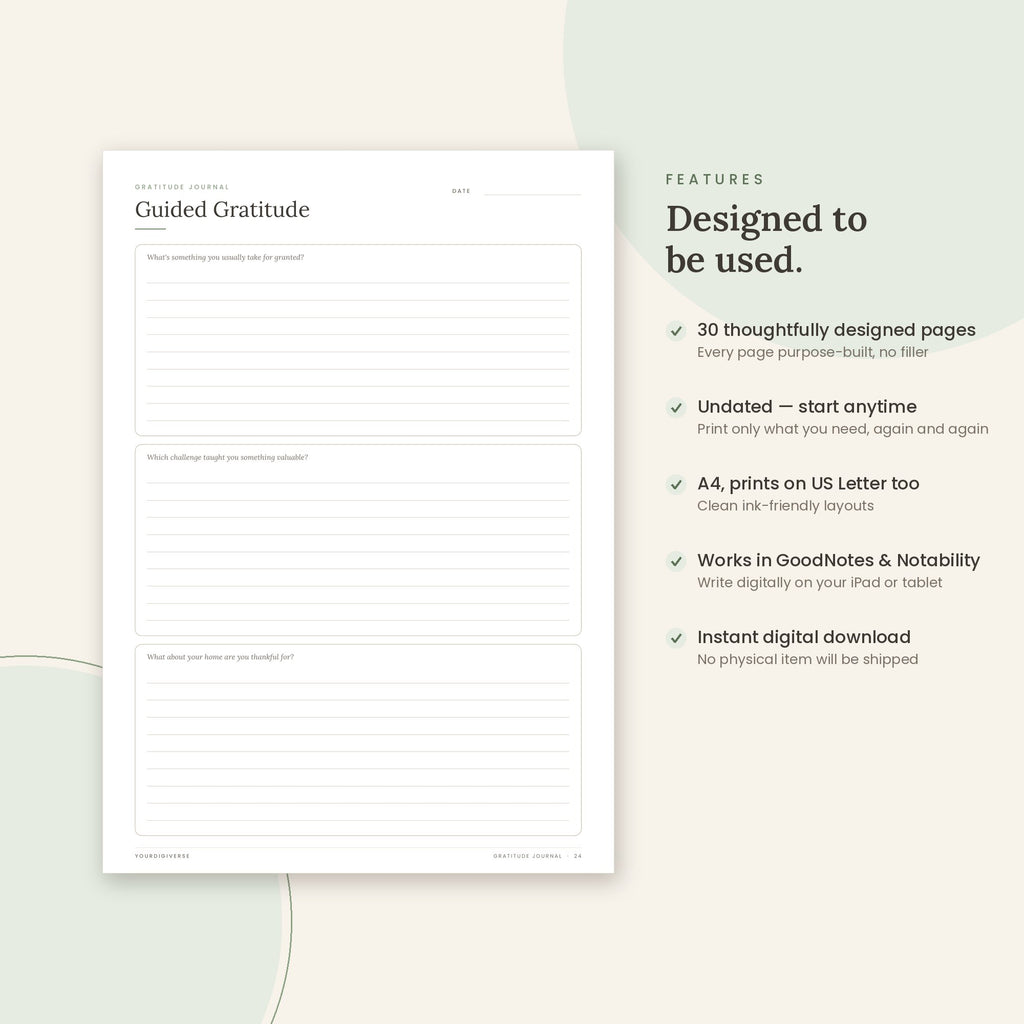 Gratitude Journal sample page (Guided Gratitude) – undated A4 printable, GoodNotes-ready