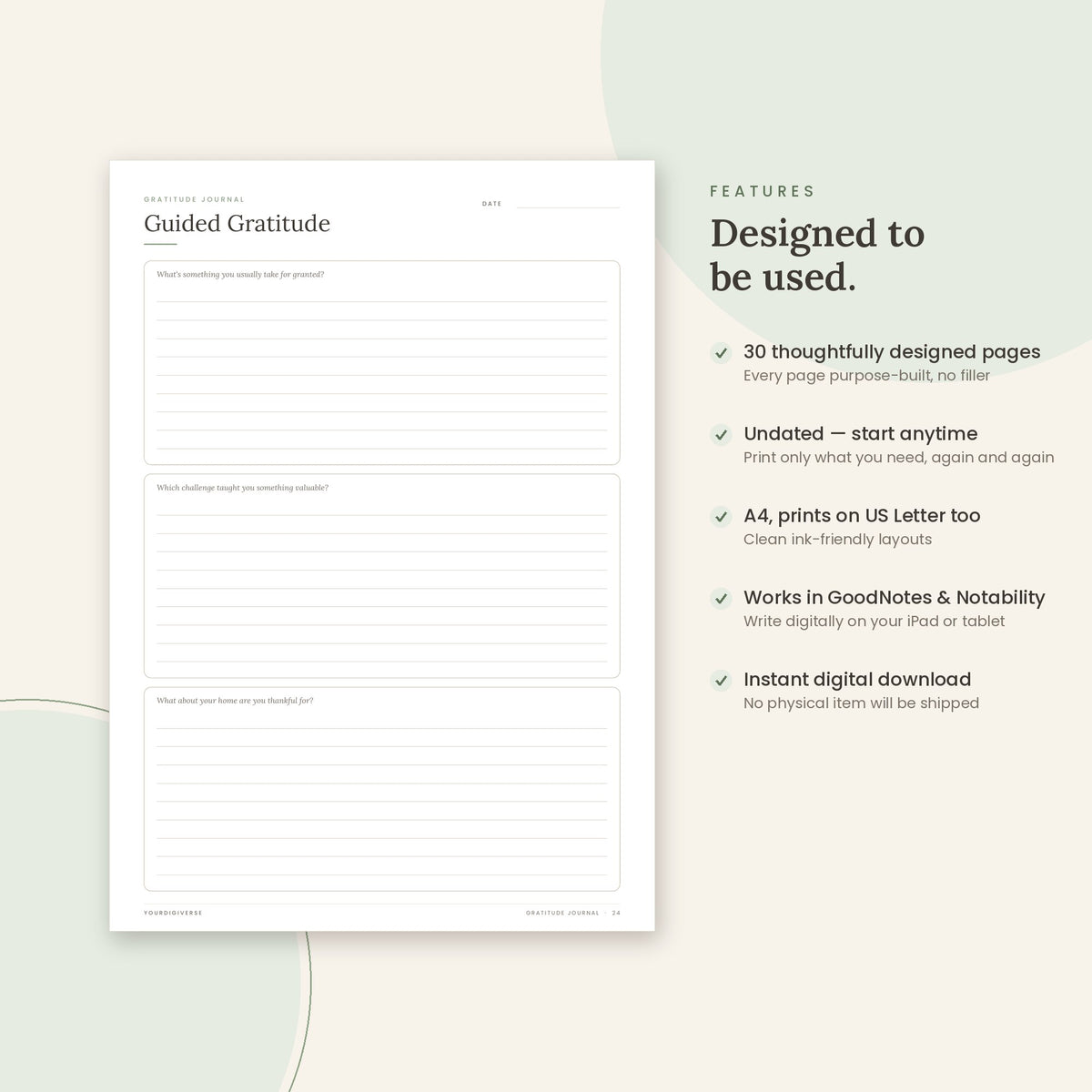 Gratitude Journal sample page (Guided Gratitude) – undated A4 printable, GoodNotes-ready