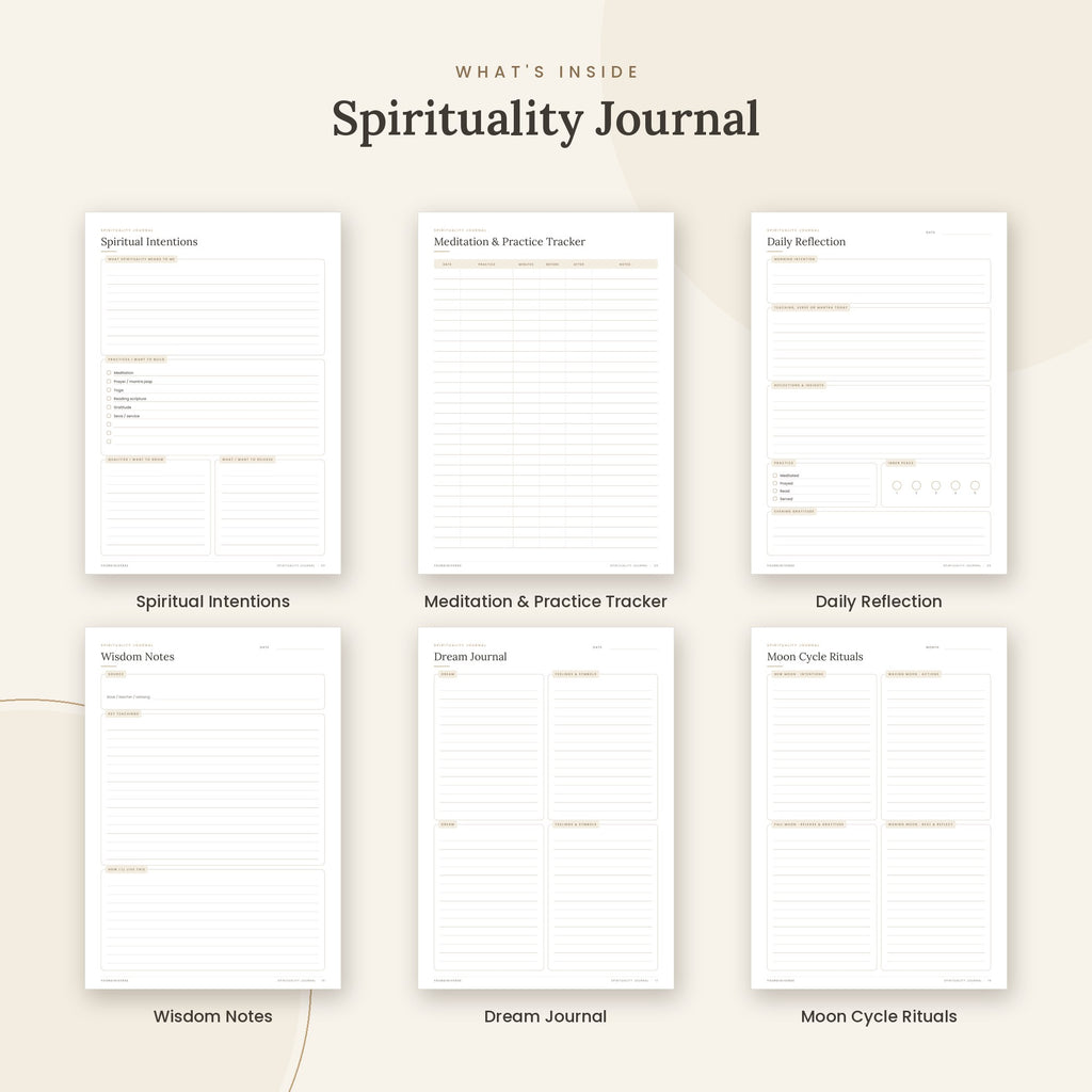 Inside the Spirituality Journal printable: Spiritual Intentions, Meditation & Practice Tracker, Daily Reflection pages