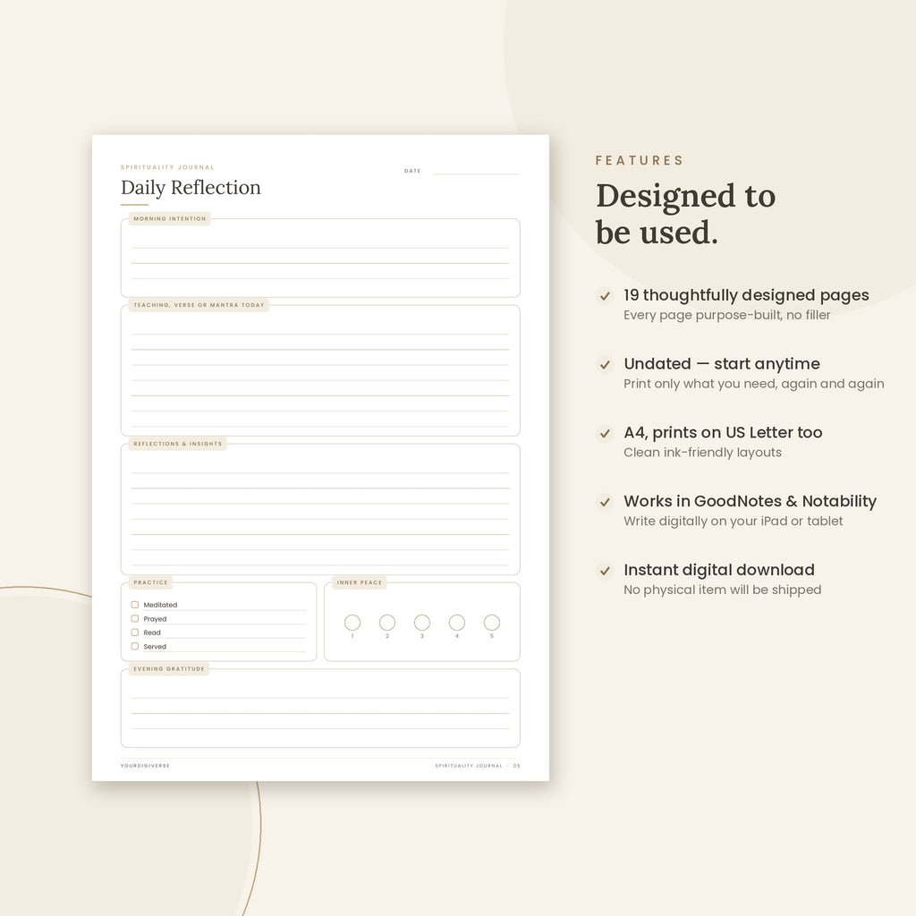 Spirituality Journal sample page (Daily Reflection) – undated A4 printable, GoodNotes-ready