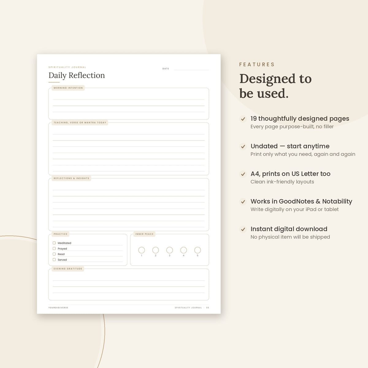 Spirituality Journal sample page (Daily Reflection) – undated A4 printable, GoodNotes-ready