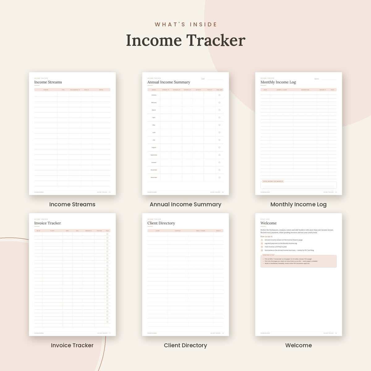 Inside the Income Tracker printable: Income Streams, Annual Income Summary, Monthly Income Log pages