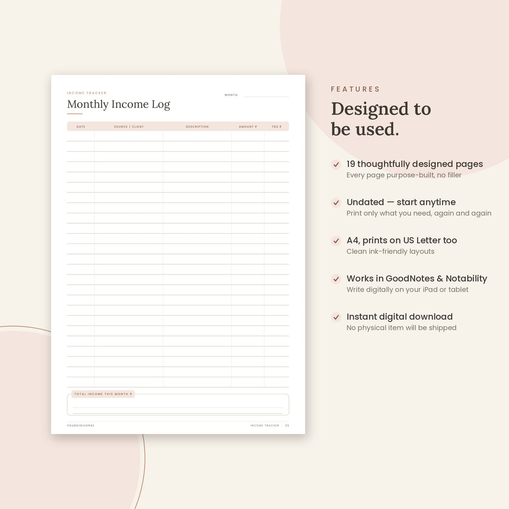 Income Tracker sample page (Monthly Income Log) – undated A4 printable, GoodNotes-ready