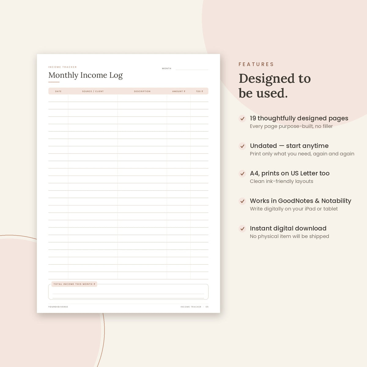 Income Tracker sample page (Monthly Income Log) – undated A4 printable, GoodNotes-ready