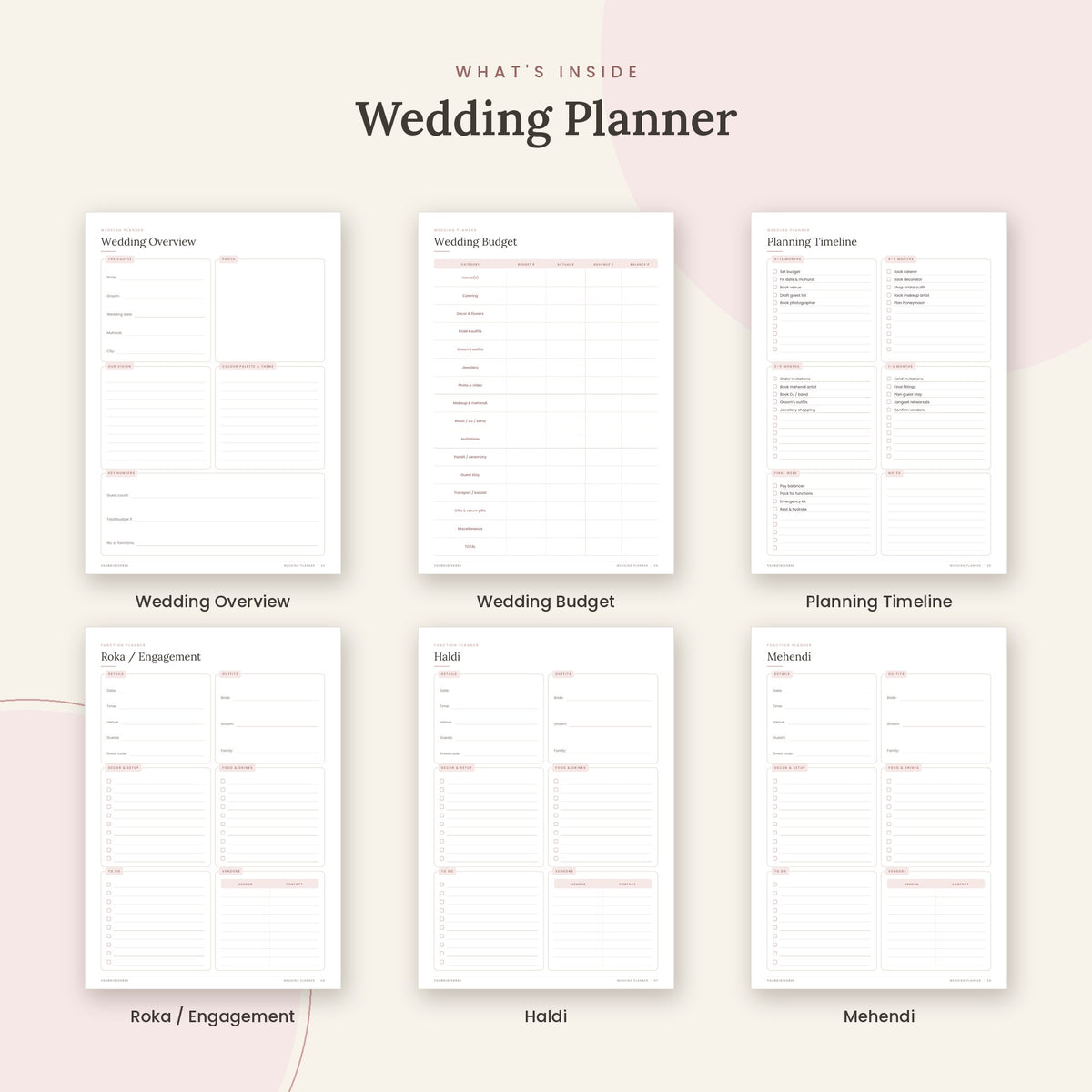 Inside the Wedding Planner printable: Wedding Overview, Wedding Budget, Planning Timeline pages
