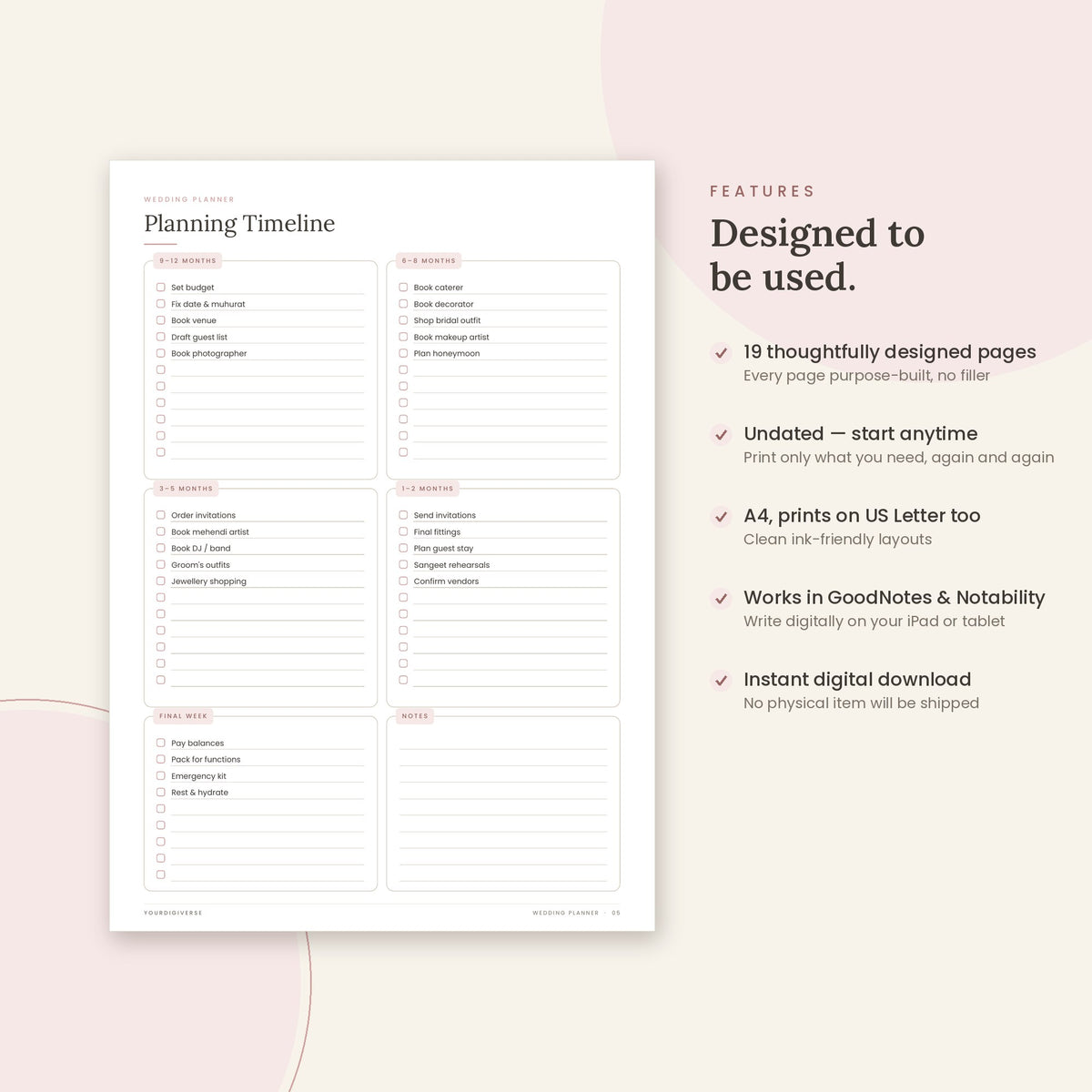 Wedding Planner sample page (Planning Timeline) – undated A4 printable, GoodNotes-ready