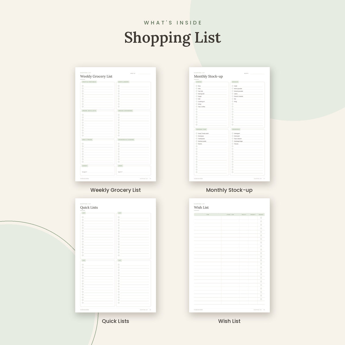 Inside the Shopping List printable: Weekly Grocery List, Monthly Stock-up, Quick Lists pages