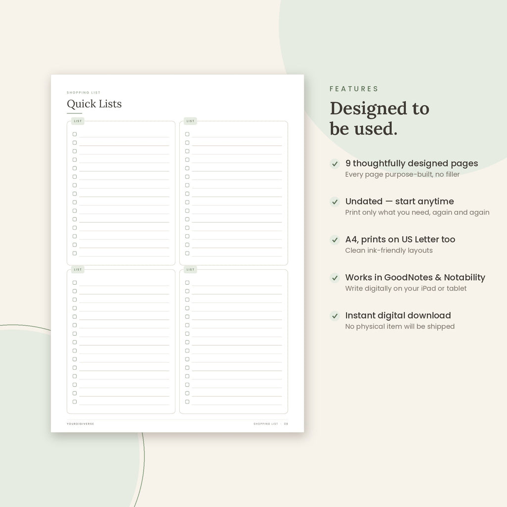 Shopping List sample page (Quick Lists) – undated A4 printable, GoodNotes-ready