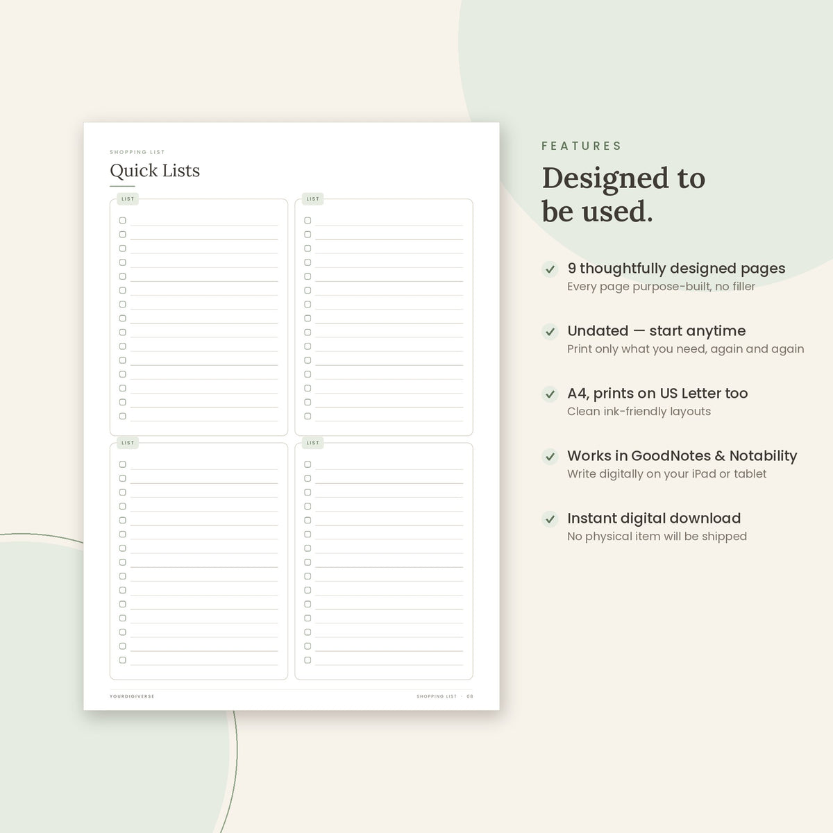 Shopping List sample page (Quick Lists) – undated A4 printable, GoodNotes-ready