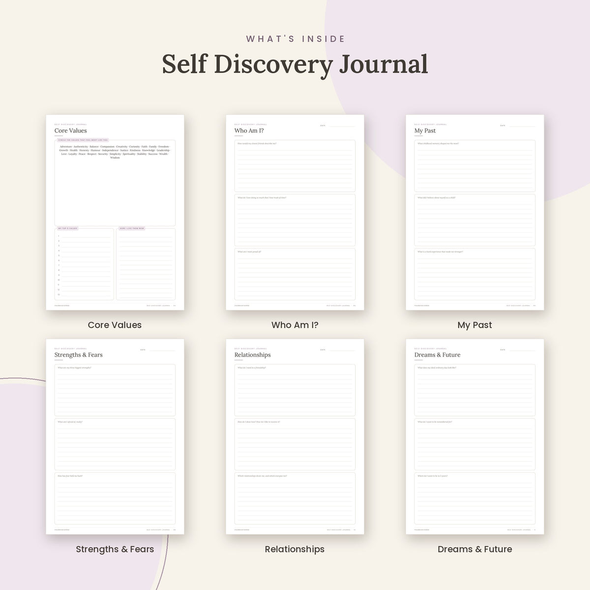 Inside the Self Discovery Journal printable: Core Values, Who Am I?, My Past pages