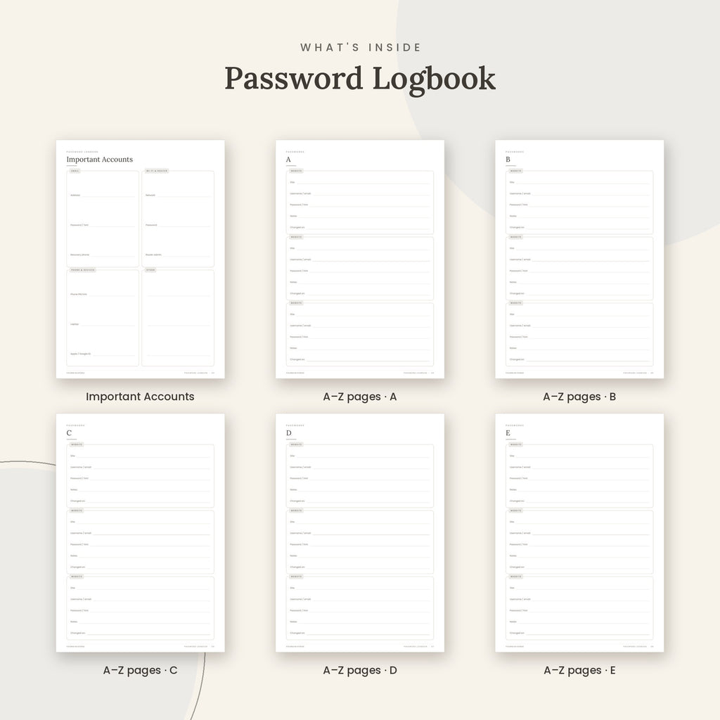 Inside the Password Logbook printable: Important Accounts and A–Z password pages