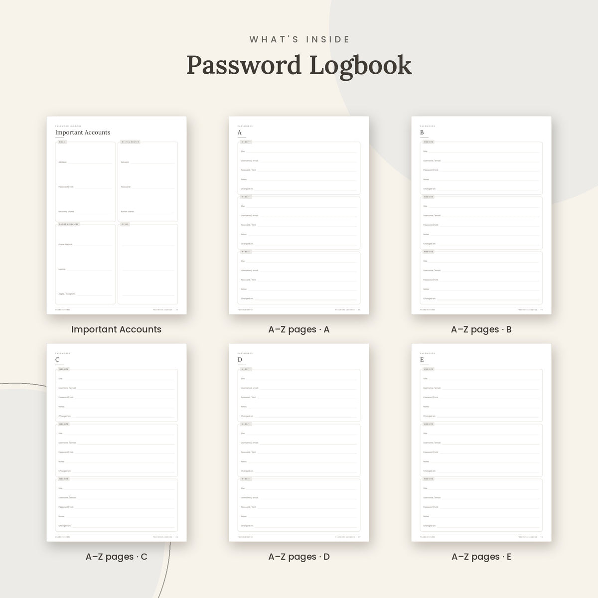 Inside the Password Logbook printable: Important Accounts and A–Z password pages