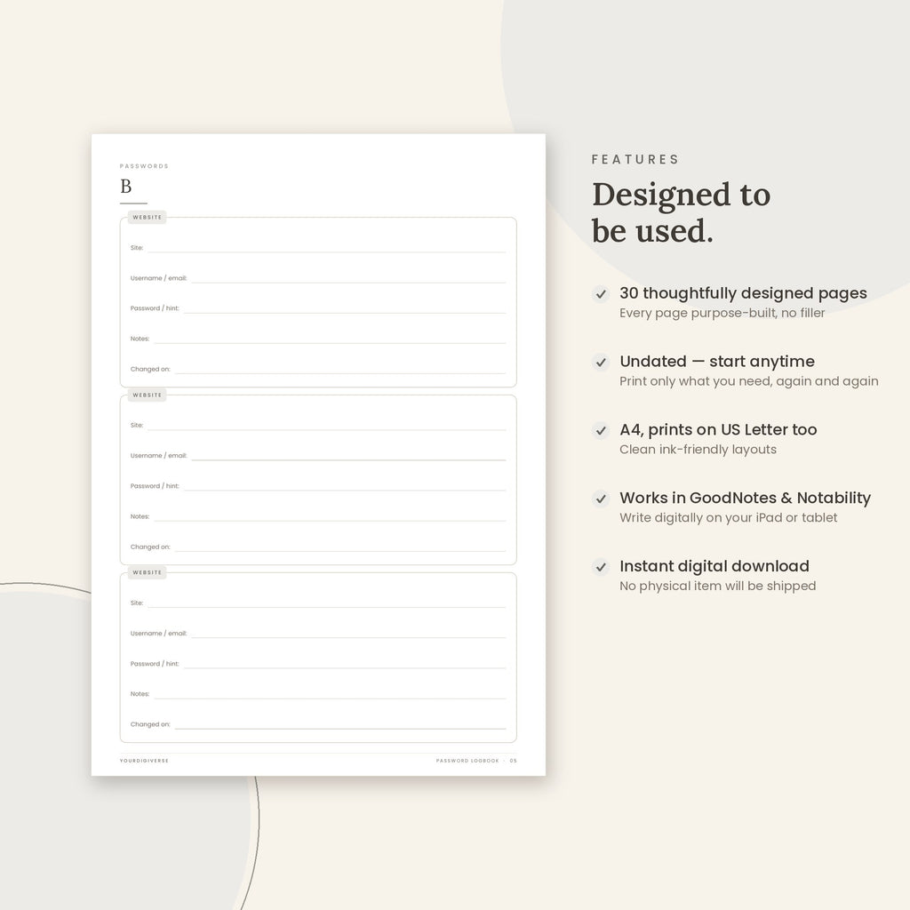 Password Logbook sample page (A–Z password page) – undated A4 printable, GoodNotes-ready