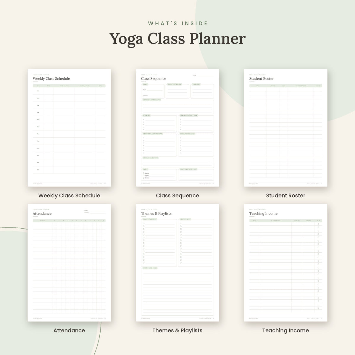 Inside the Yoga Class Planner printable: Weekly Class Schedule, Class Sequence, Student Roster pages