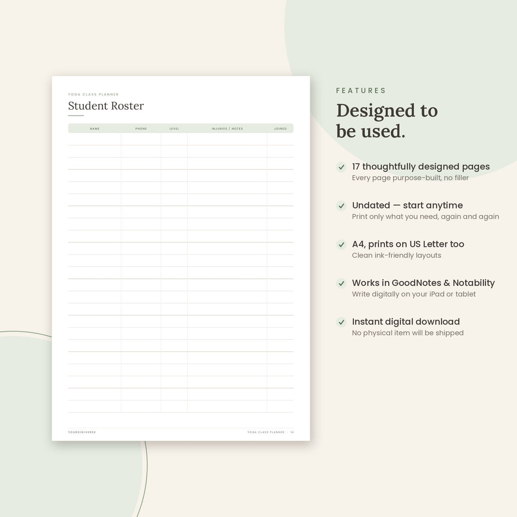 Yoga Class Planner sample page (Student Roster) – undated A4 printable, GoodNotes-ready