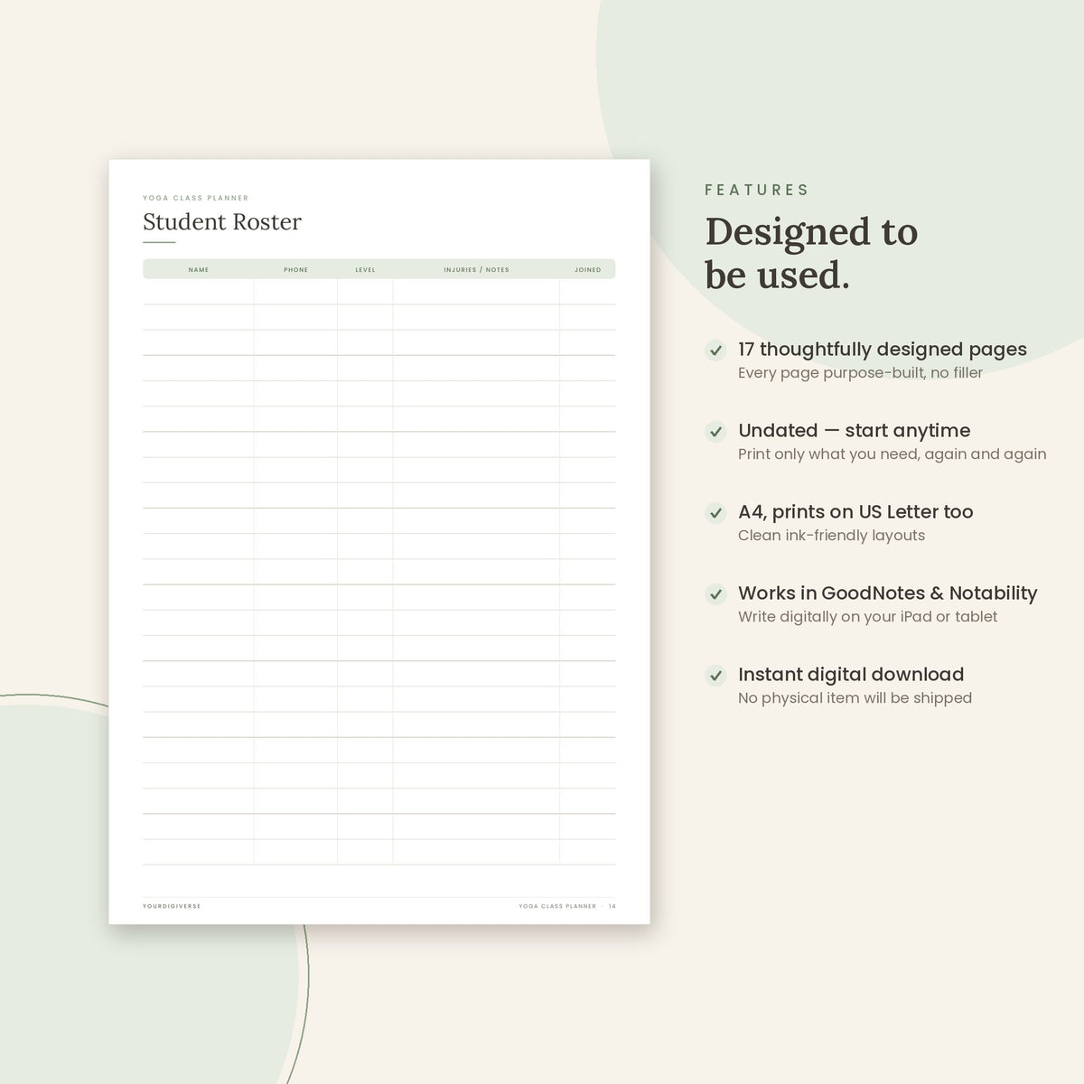 Yoga Class Planner sample page (Student Roster) – undated A4 printable, GoodNotes-ready
