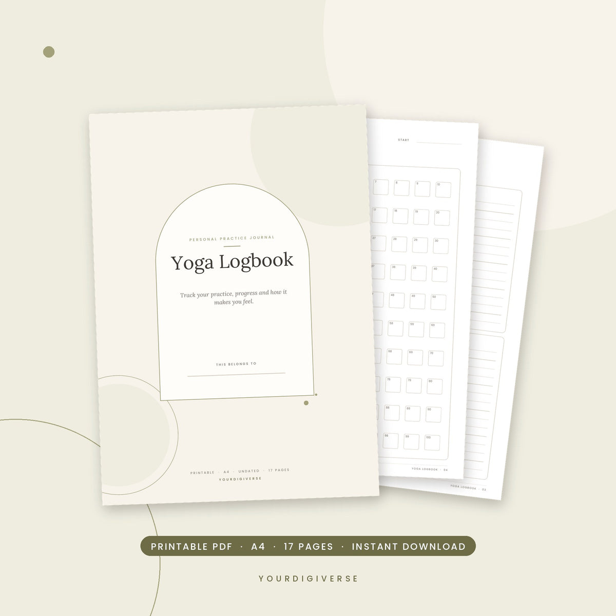 Yoga journal printable – Yoga Logbook A4 PDF cover, instant download from YourDigiverse
