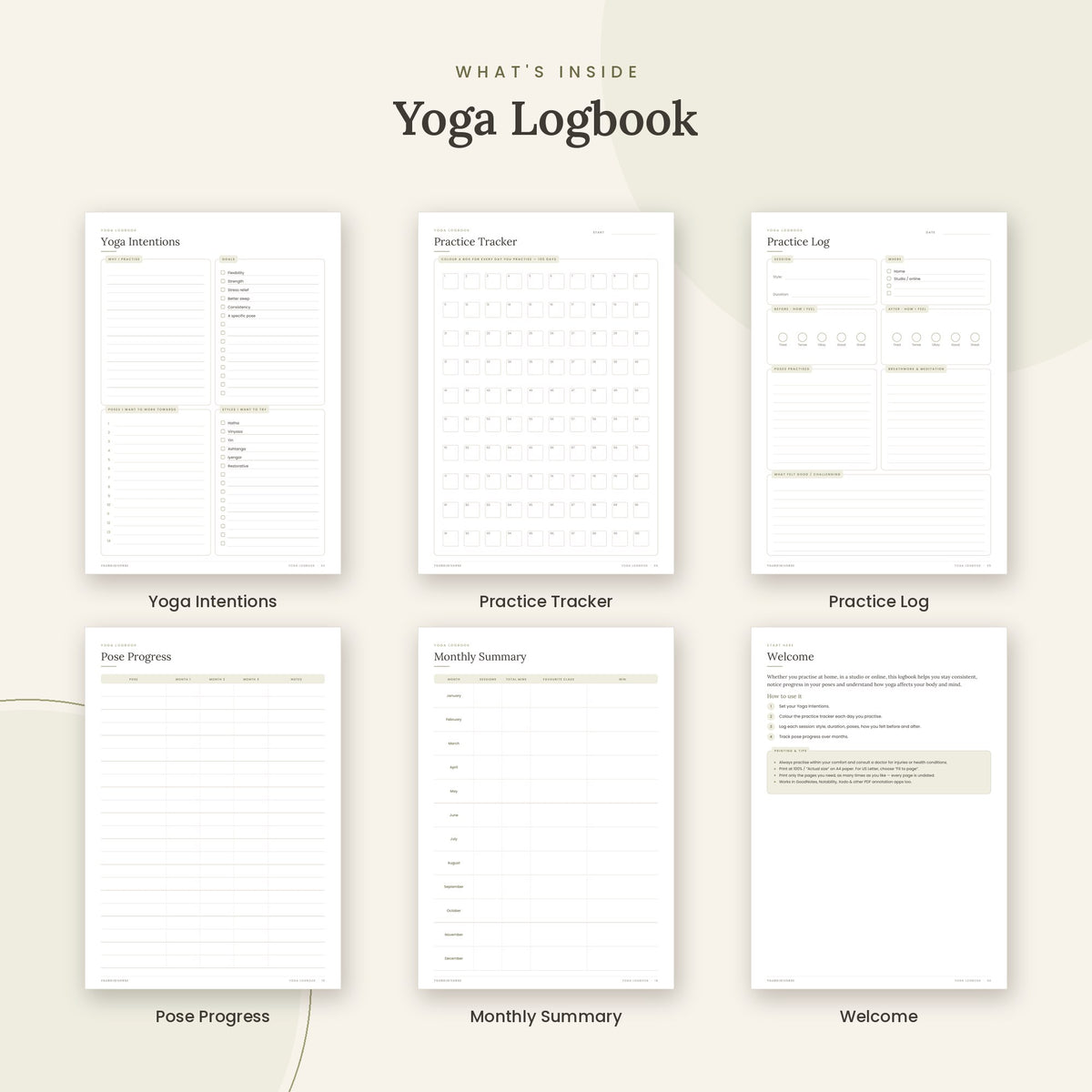 Inside the Yoga Logbook printable: Yoga Intentions, Practice Tracker, Practice Log pages