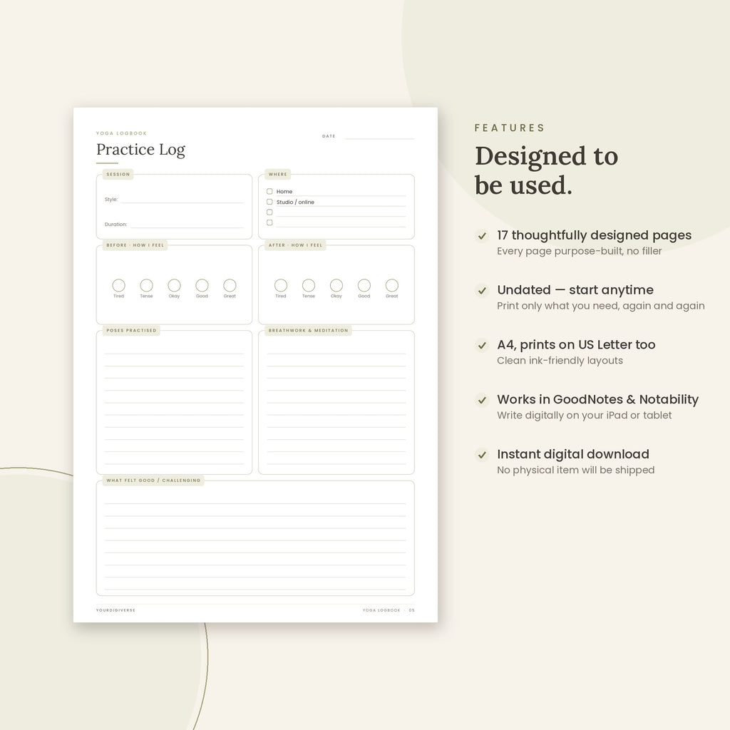 Yoga Logbook sample page (Practice Log) – undated A4 printable, GoodNotes-ready