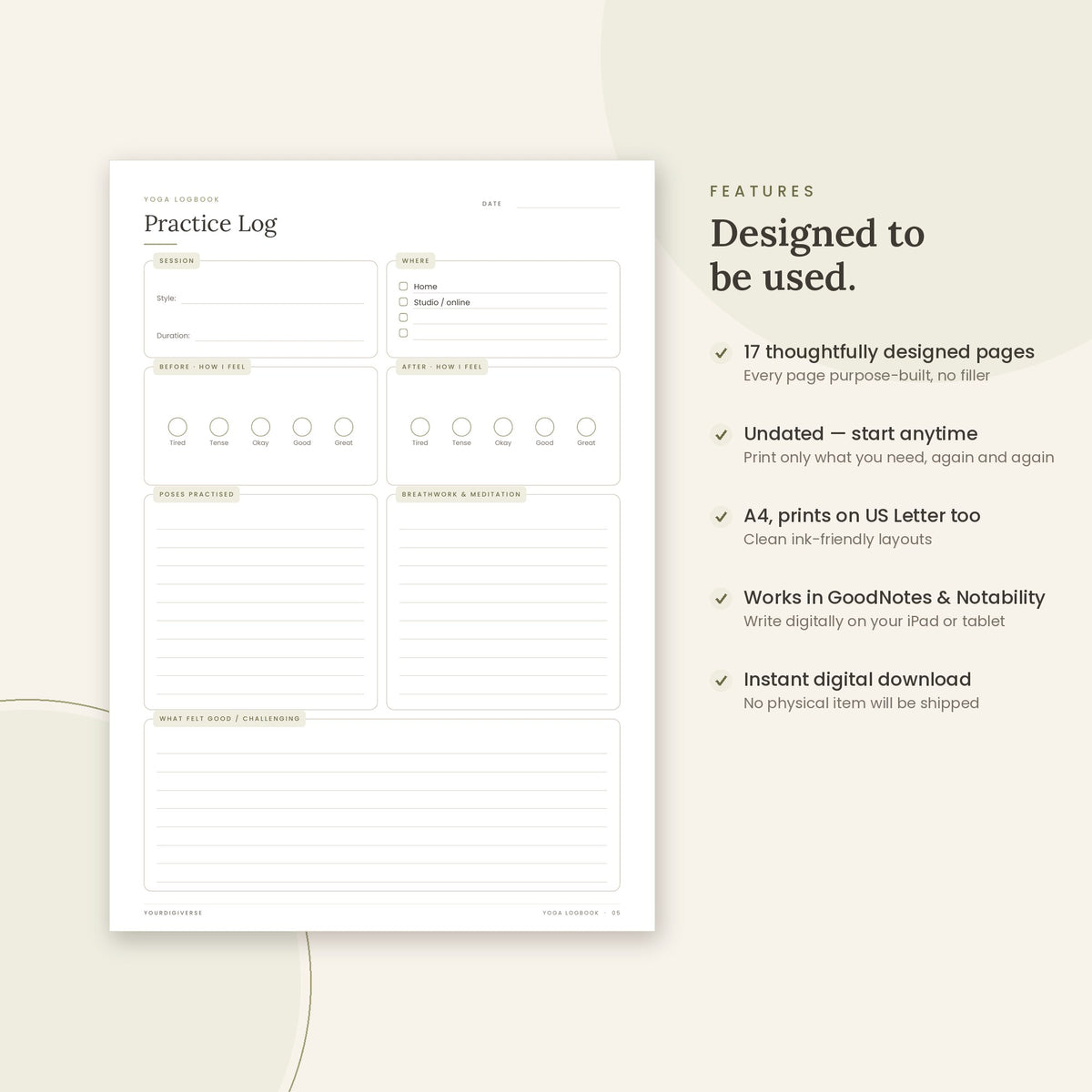 Yoga Logbook sample page (Practice Log) – undated A4 printable, GoodNotes-ready