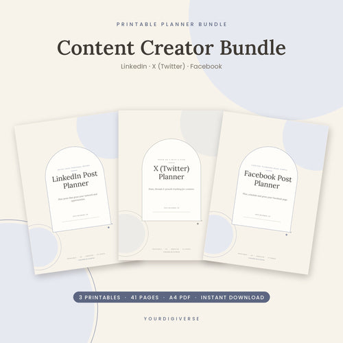 Content creator bundle – printable LinkedIn, X and Facebook post planners, A4 PDF