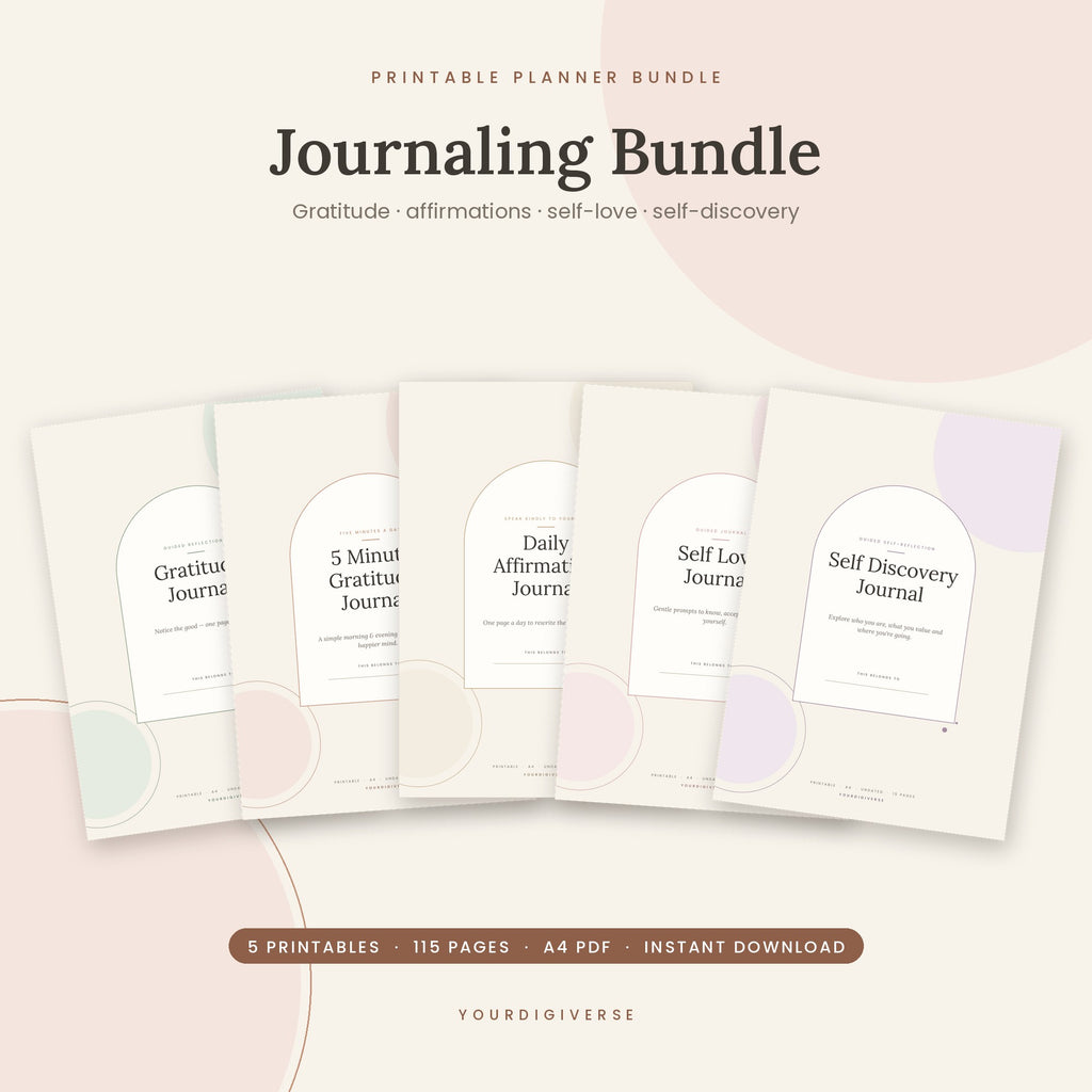 Journaling bundle – 5 printable guided journals with prompts, A4 PDF