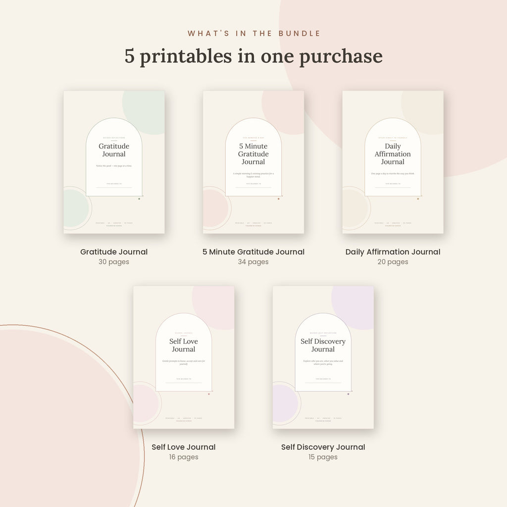 Inside the Journaling Bundle: Gratitude, 5 Minute Gratitude, Daily Affirmation, Self Love and Self Discovery journals