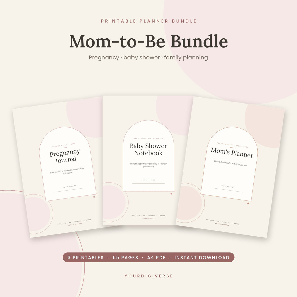 Mom-to-be bundle – printable pregnancy journal, baby shower planner and mom's planner, A4 PDF
