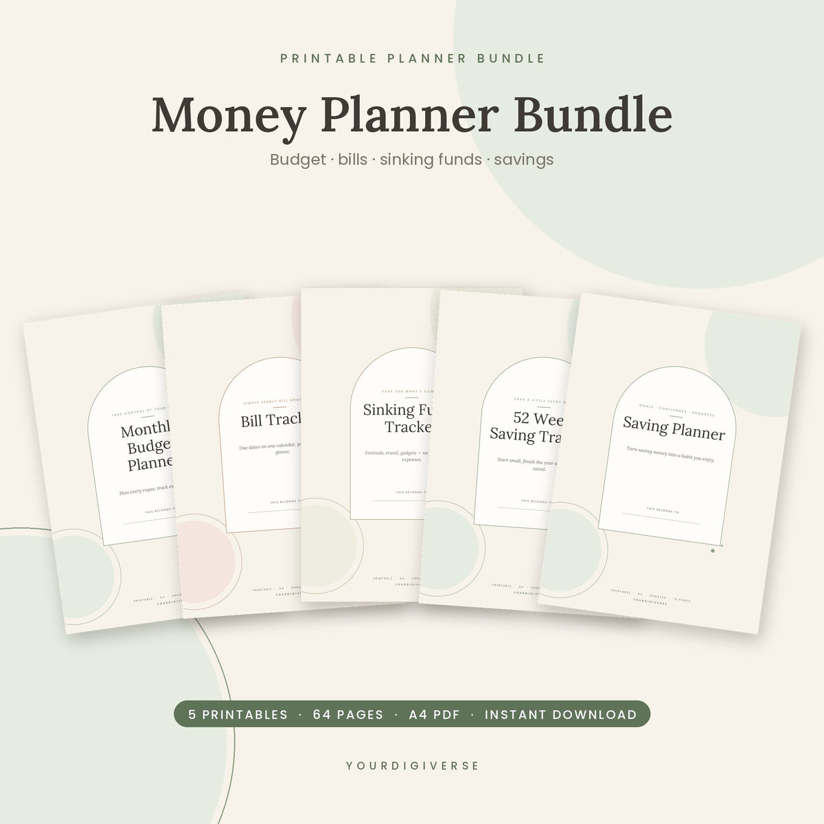 Money planner bundle – 5 printable budget and savings planners in rupees, A4 PDF