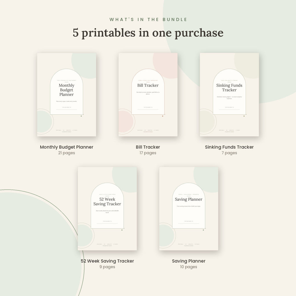 Inside the Money Planner Bundle: Monthly Budget Planner, Bill Tracker, Sinking Funds Tracker, 52 Week Saving Tracker, Saving Planner