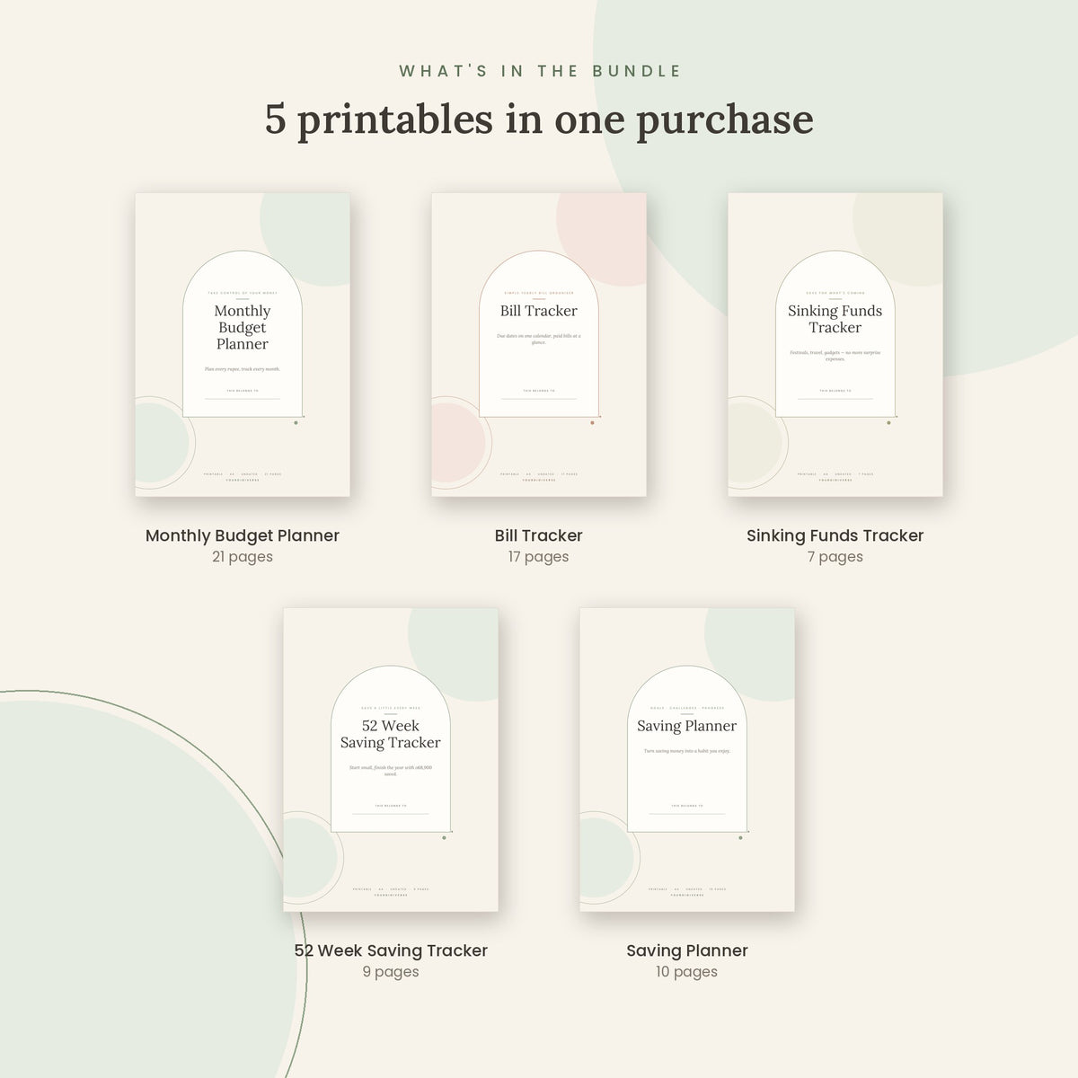 Inside the Money Planner Bundle: Monthly Budget Planner, Bill Tracker, Sinking Funds Tracker, 52 Week Saving Tracker, Saving Planner